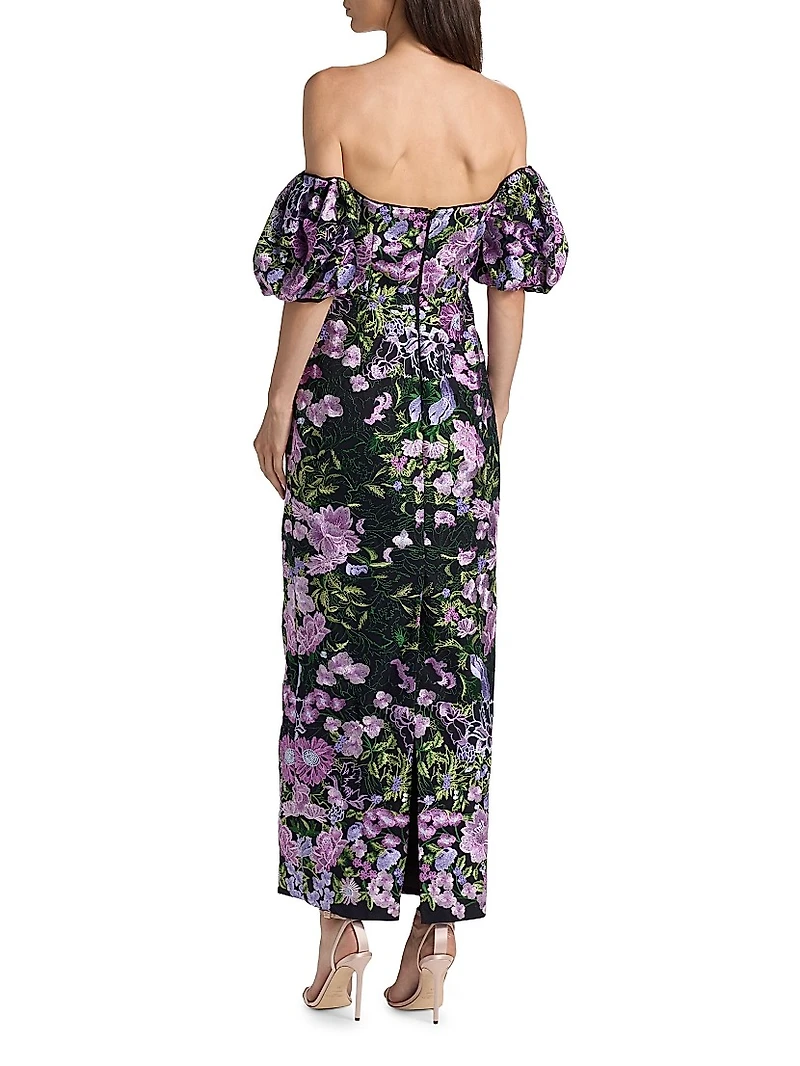 Nene Floral-Embroidered Mesh Off-The-Shoulder Maxi Dress