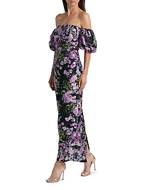 Nene Floral-Embroidered Mesh Off-The-Shoulder Maxi Dress