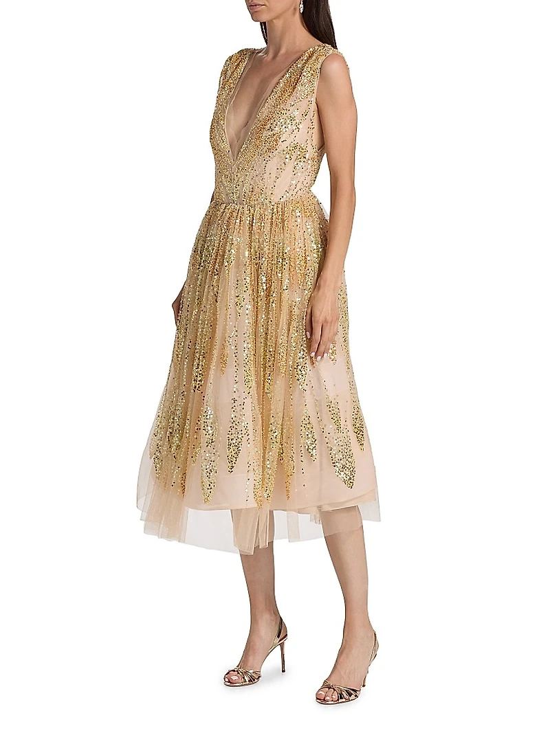 Tinsley Sequined Tulle Midi-Dress