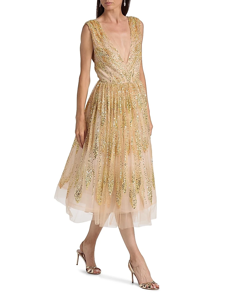 Tinsley Sequined Tulle Midi-Dress
