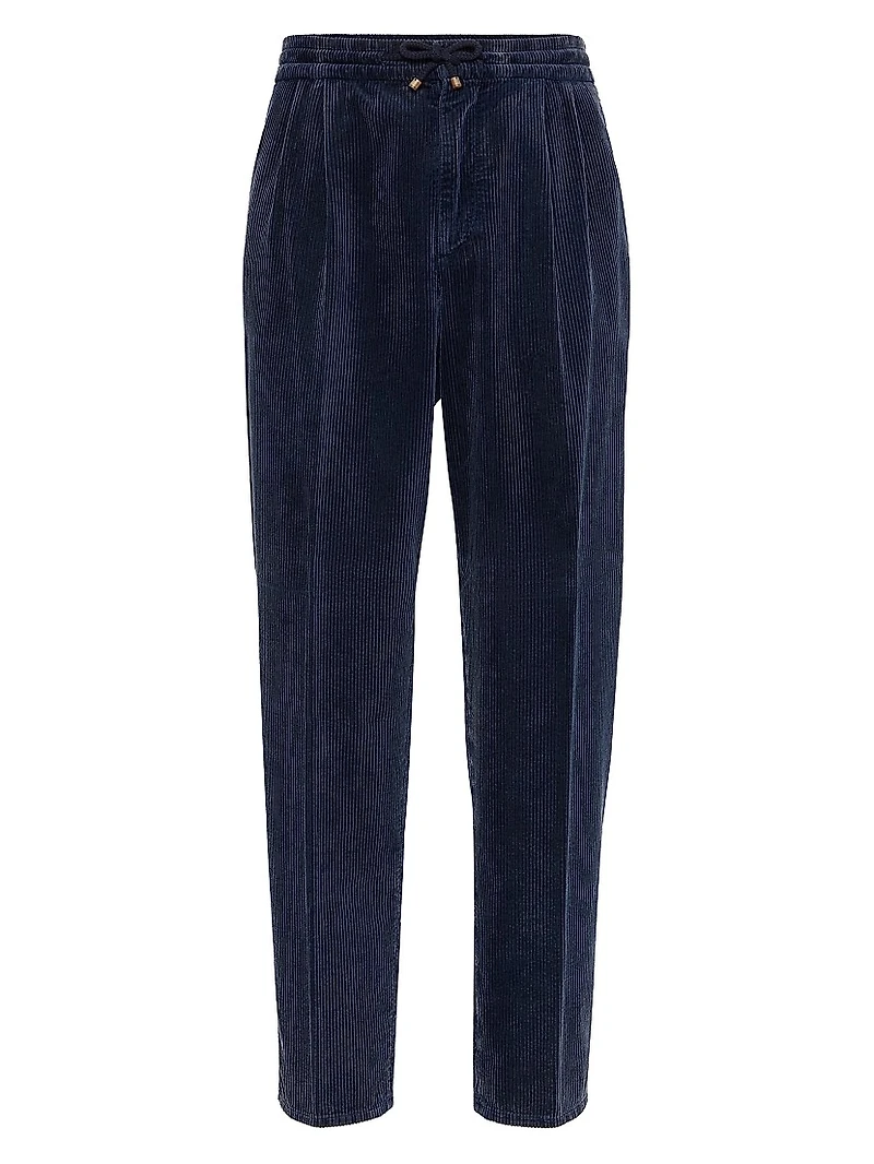 Leisure Fit Trousers Cotton Corduroy with Drawstring and Double Pleats