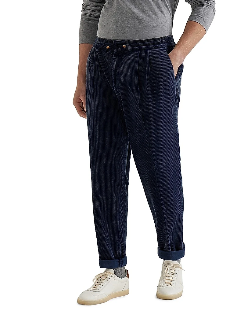 Leisure Fit Trousers Cotton Corduroy with Drawstring and Double Pleats