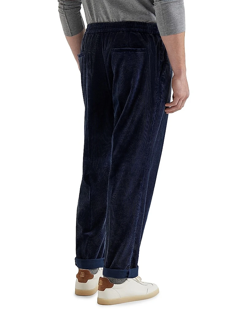 Leisure Fit Trousers Cotton Corduroy with Drawstring and Double Pleats