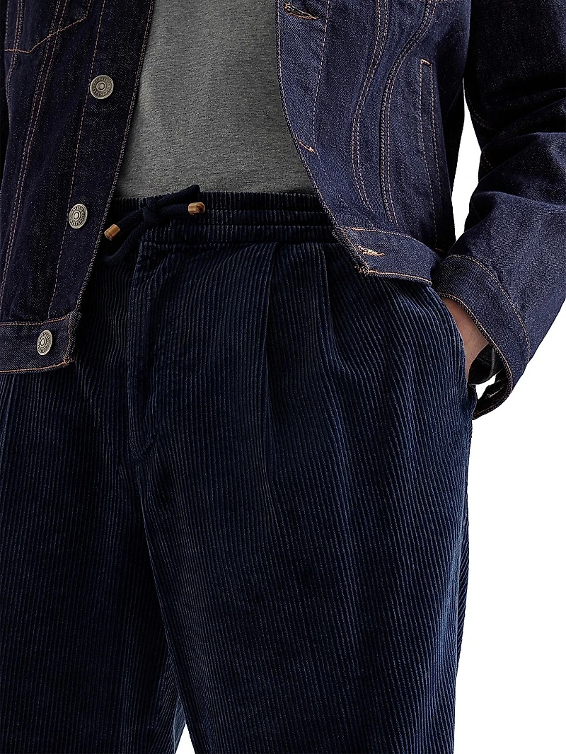 Leisure Fit Trousers Cotton Corduroy with Drawstring and Double Pleats
