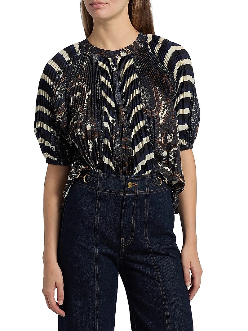 Dafne Printed Pleated Short-Sleeve Blouse