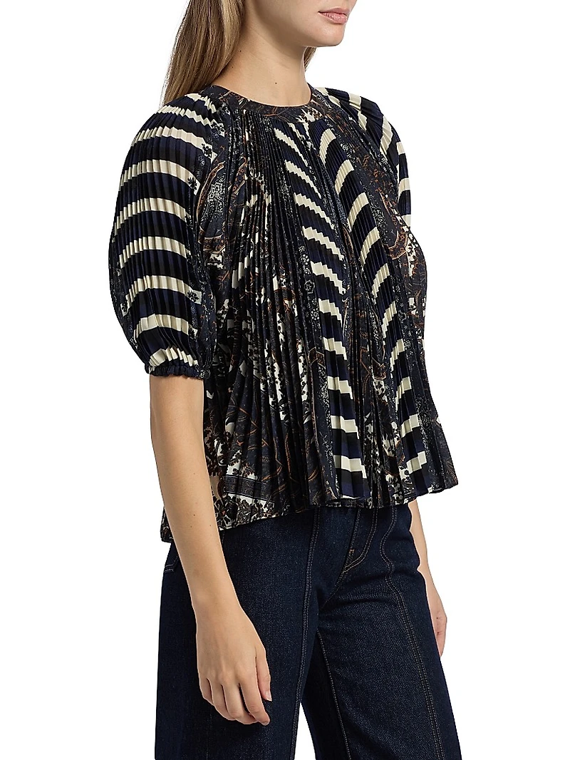 Dafne Printed Pleated Short-Sleeve Blouse