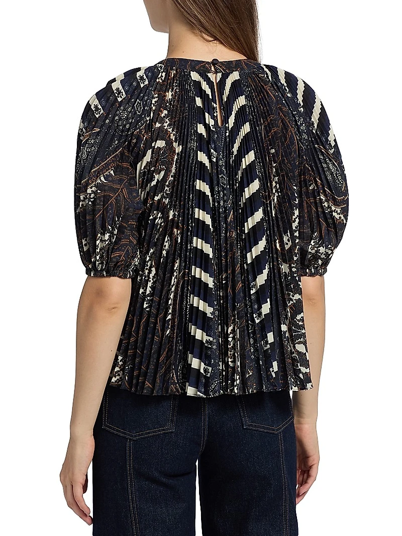 Dafne Printed Pleated Short-Sleeve Blouse