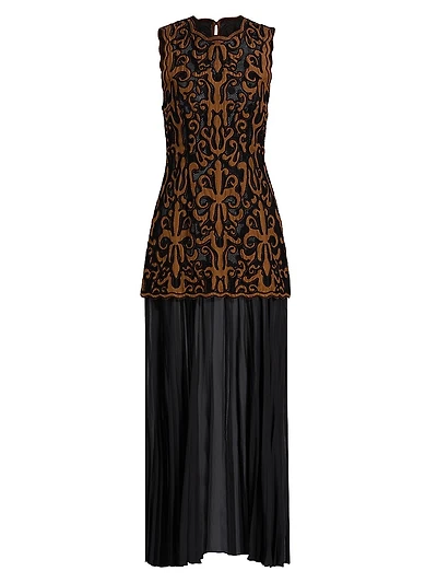 Auryn Appliqué Silk Sleeveless Combo Midi-Dress