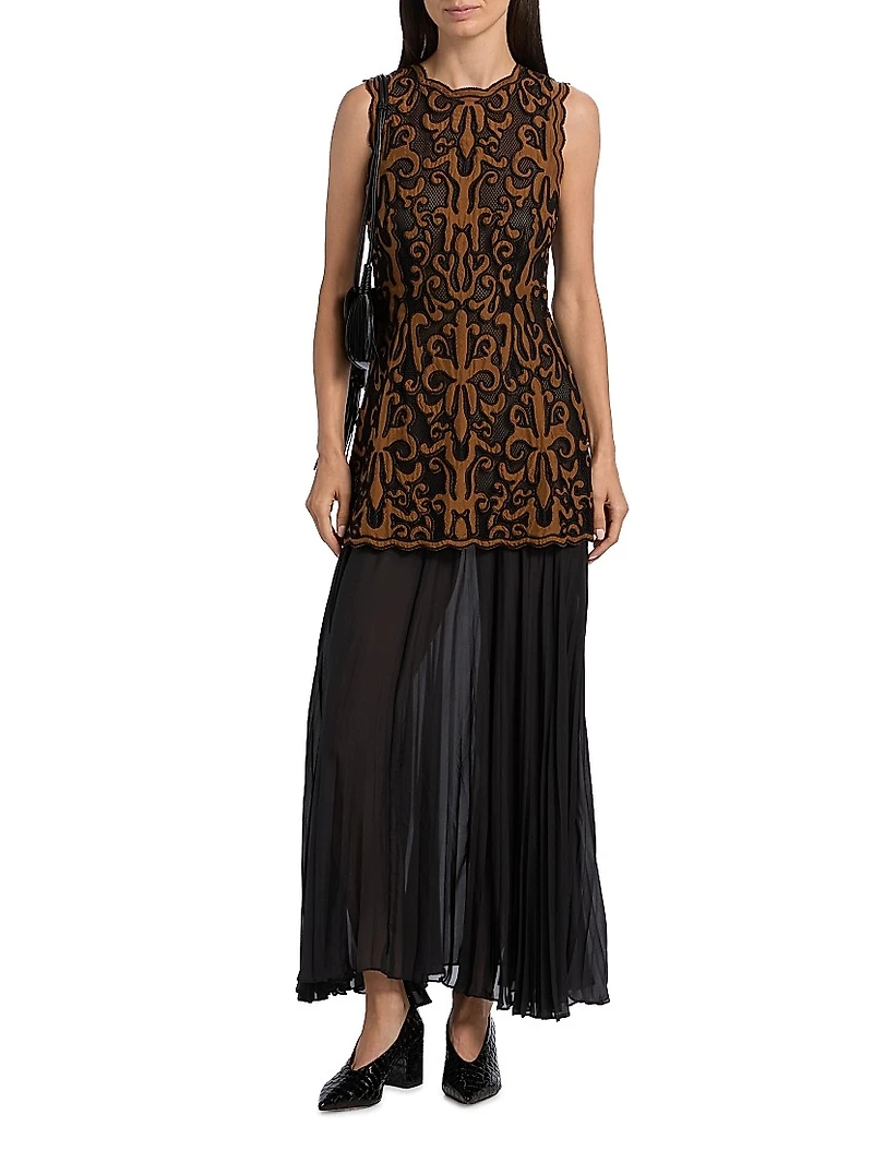 Auryn Appliqué Silk Sleeveless Combo Midi-Dress