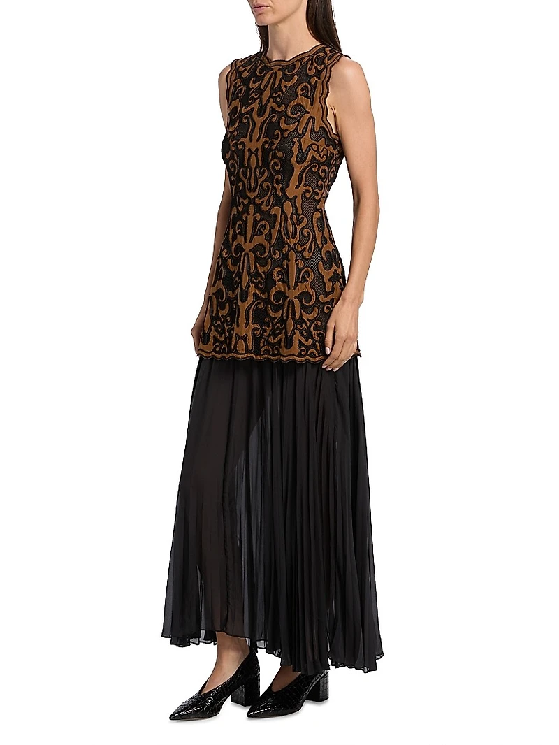 Auryn Appliqué Silk Sleeveless Combo Midi-Dress