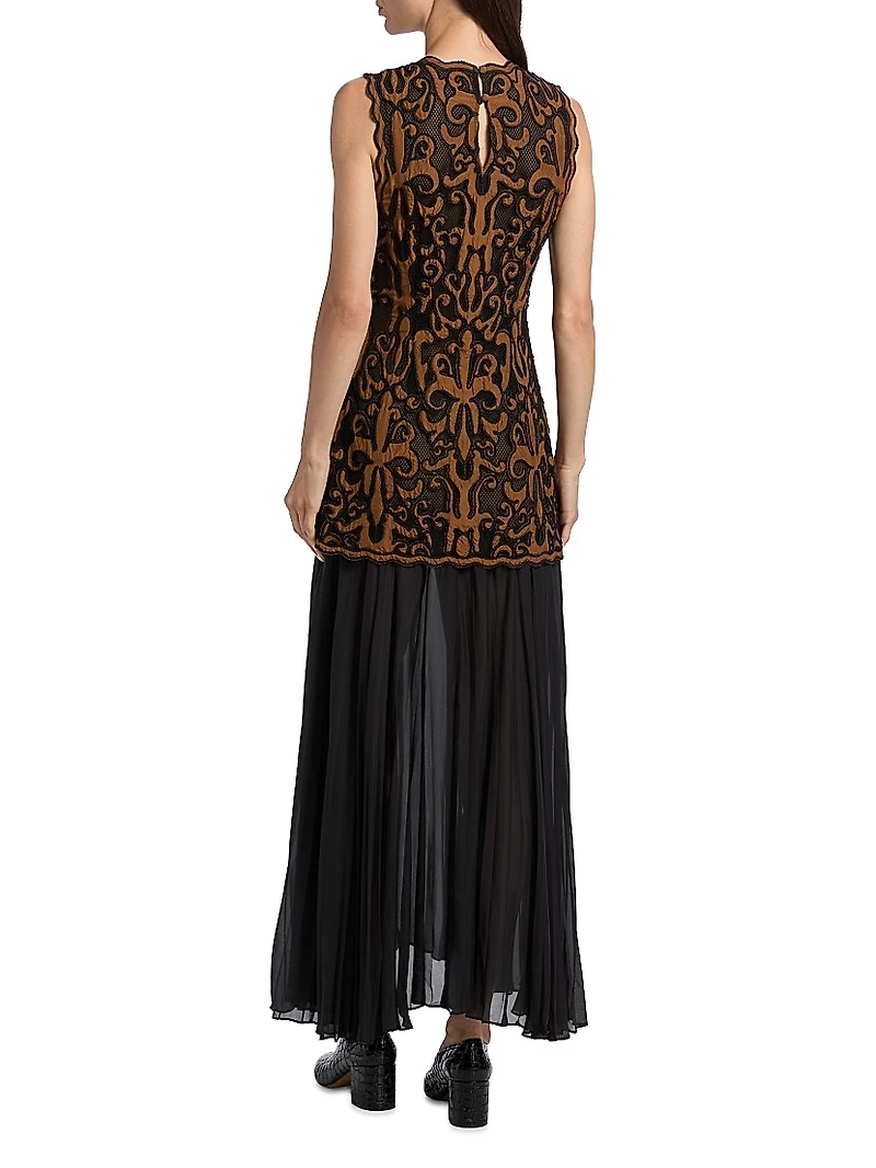 Auryn Appliqué Silk Sleeveless Combo Midi-Dress