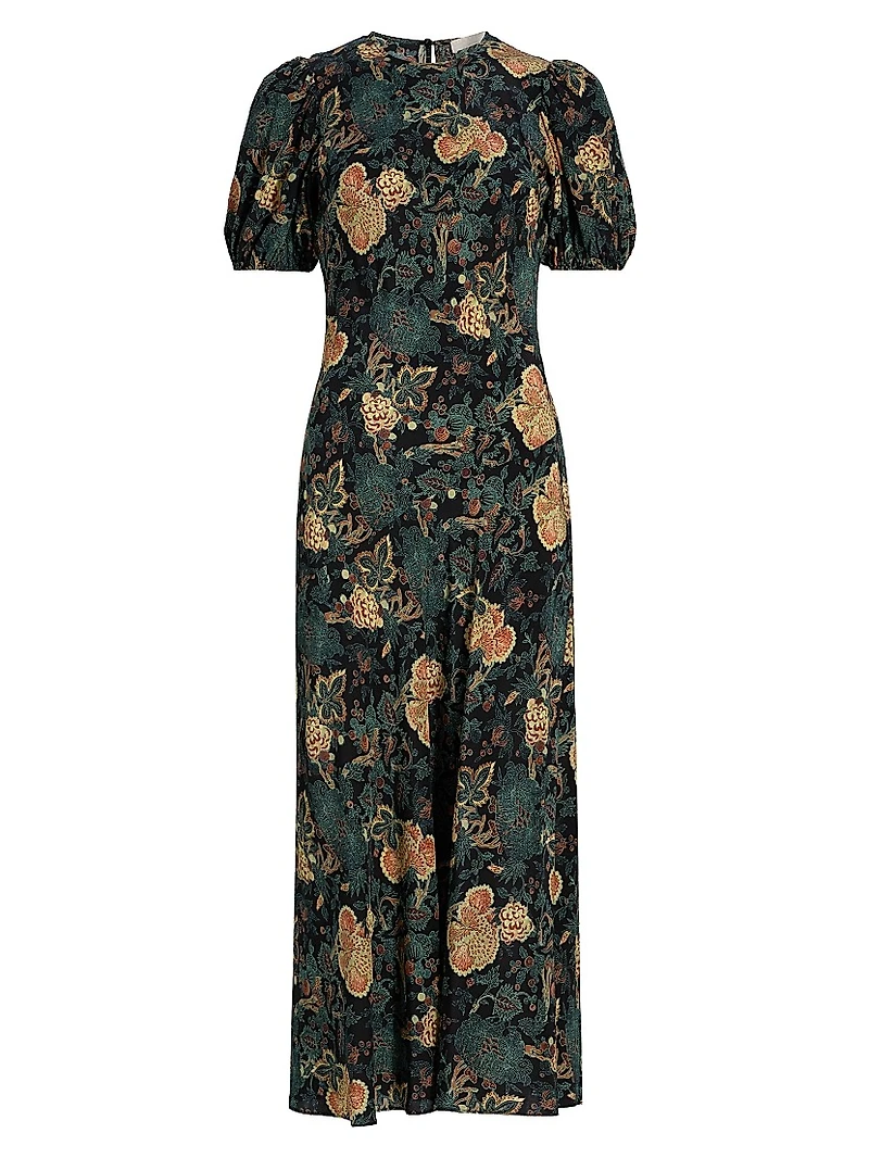 Ines Floral Silk Puff-Sleeve Midi-Dress