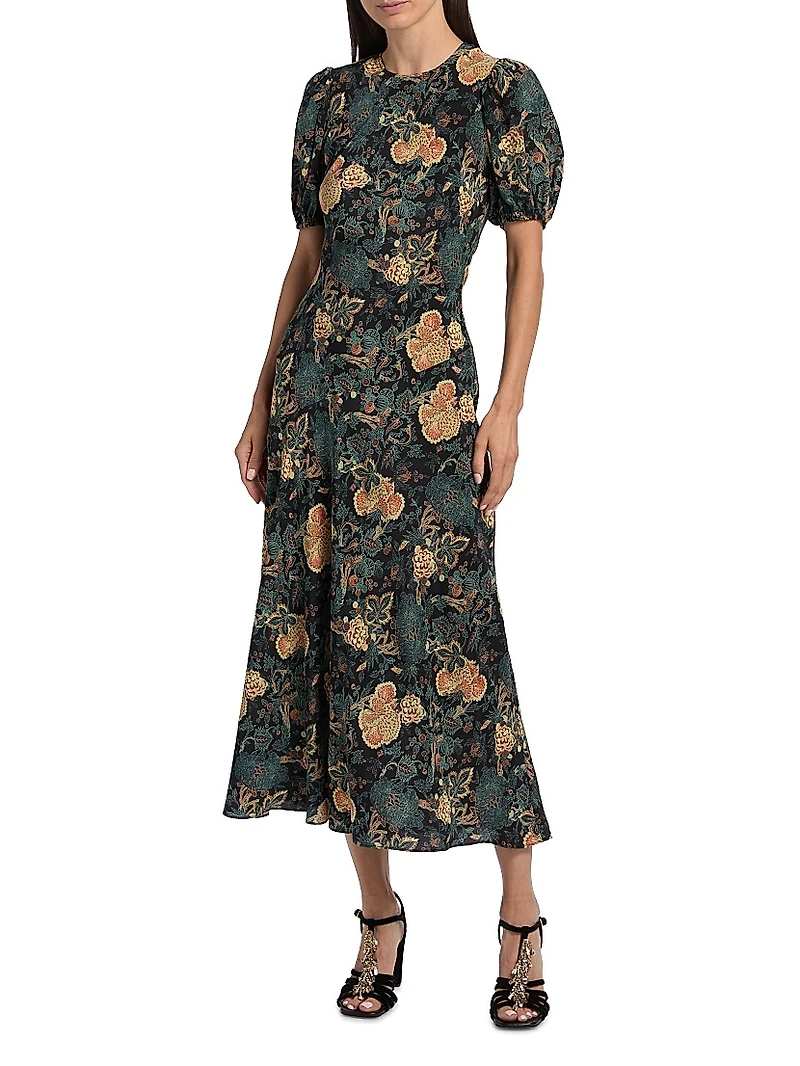 Ines Floral Silk Puff-Sleeve Midi-Dress