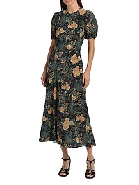 Ines Floral Silk Puff-Sleeve Midi-Dress