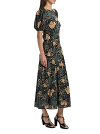 Ines Floral Silk Puff-Sleeve Midi-Dress