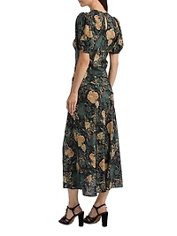 Ines Floral Silk Puff-Sleeve Midi-Dress