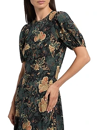 Ines Floral Silk Puff-Sleeve Midi-Dress