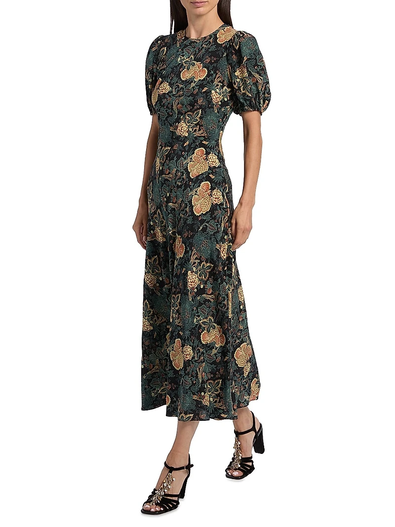 Ines Floral Silk Puff-Sleeve Midi-Dress