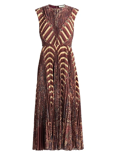 Violeta Printed Pleated Sleeveless Midi-Dress