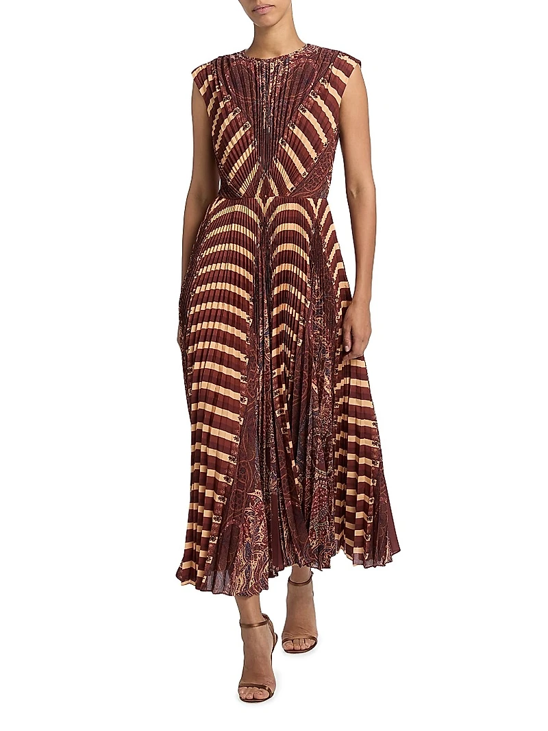 Violeta Printed Pleated Sleeveless Midi-Dress