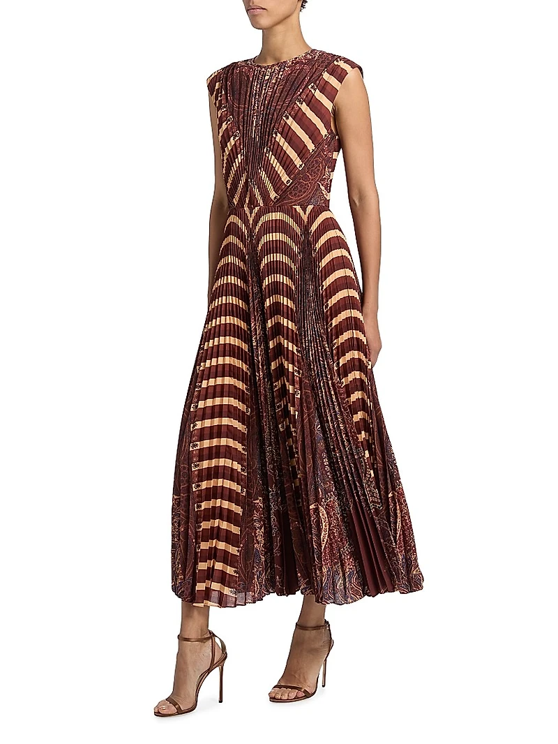 Violeta Printed Pleated Sleeveless Midi-Dress