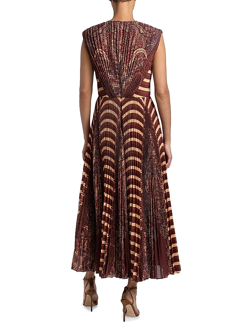 Violeta Printed Pleated Sleeveless Midi-Dress