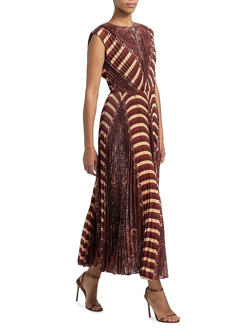 Violeta Printed Pleated Sleeveless Midi-Dress