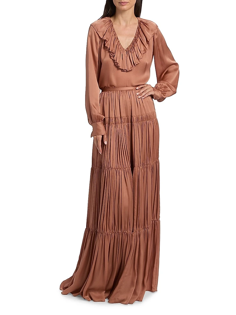 Gaelle Silk Tiered High-Waisted Maxi Skirt