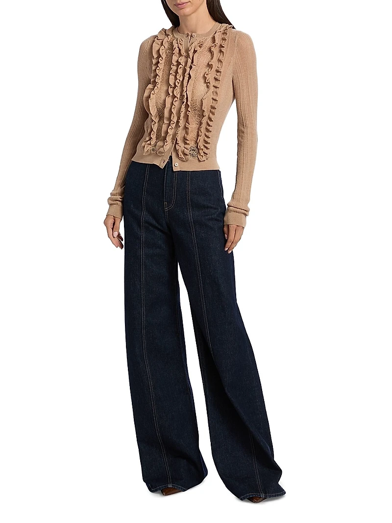 Maryel Merino Wool-Lace Crewneck Cardigan