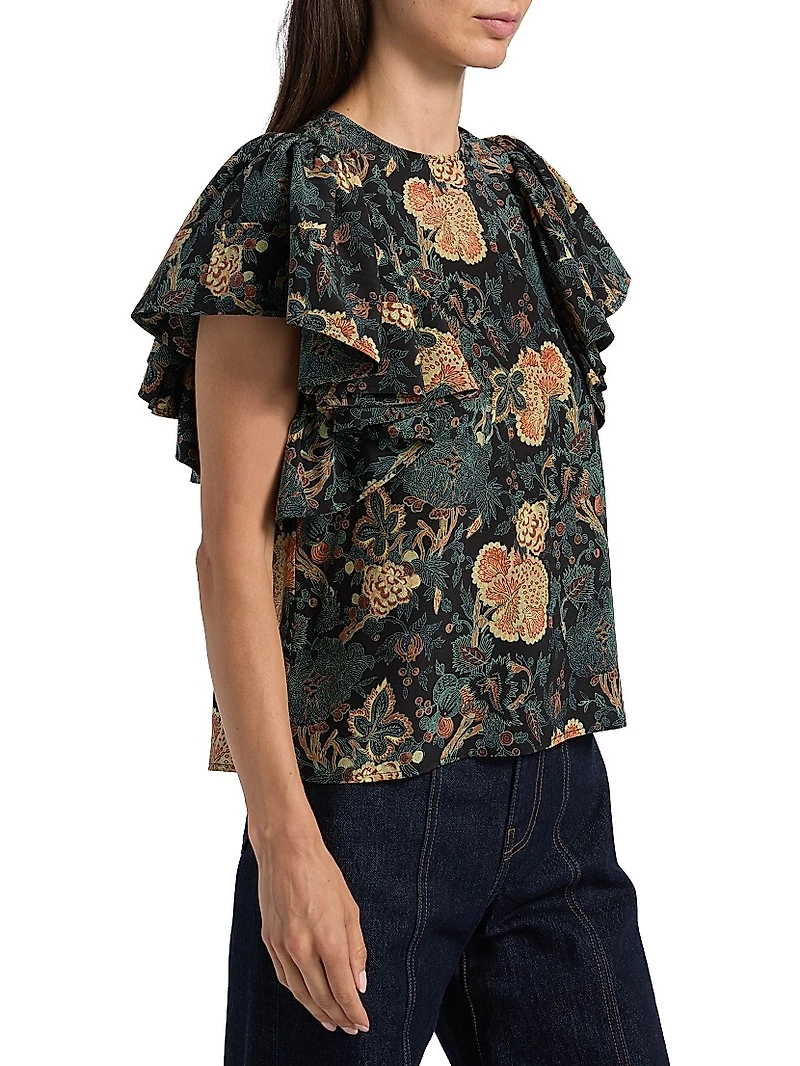 Lena Floral Silk Flutter-Sleeve Blouse
