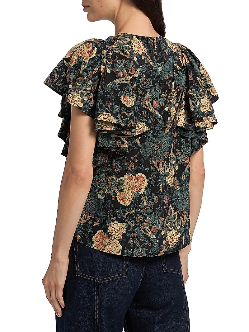 Lena Floral Silk Flutter-Sleeve Blouse