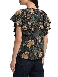 Lena Floral Silk Flutter-Sleeve Blouse