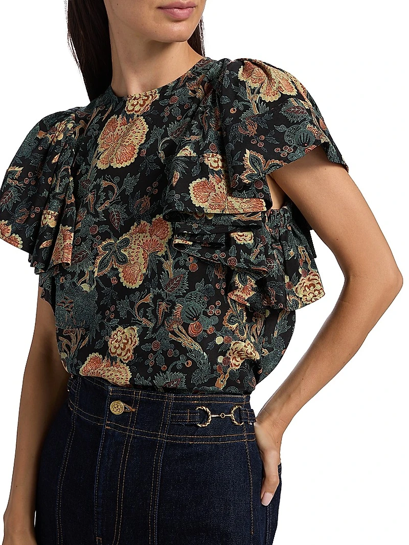 Lena Floral Silk Flutter-Sleeve Blouse