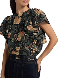 Lena Floral Silk Flutter-Sleeve Blouse