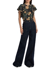 Lena Floral Silk Flutter-Sleeve Blouse