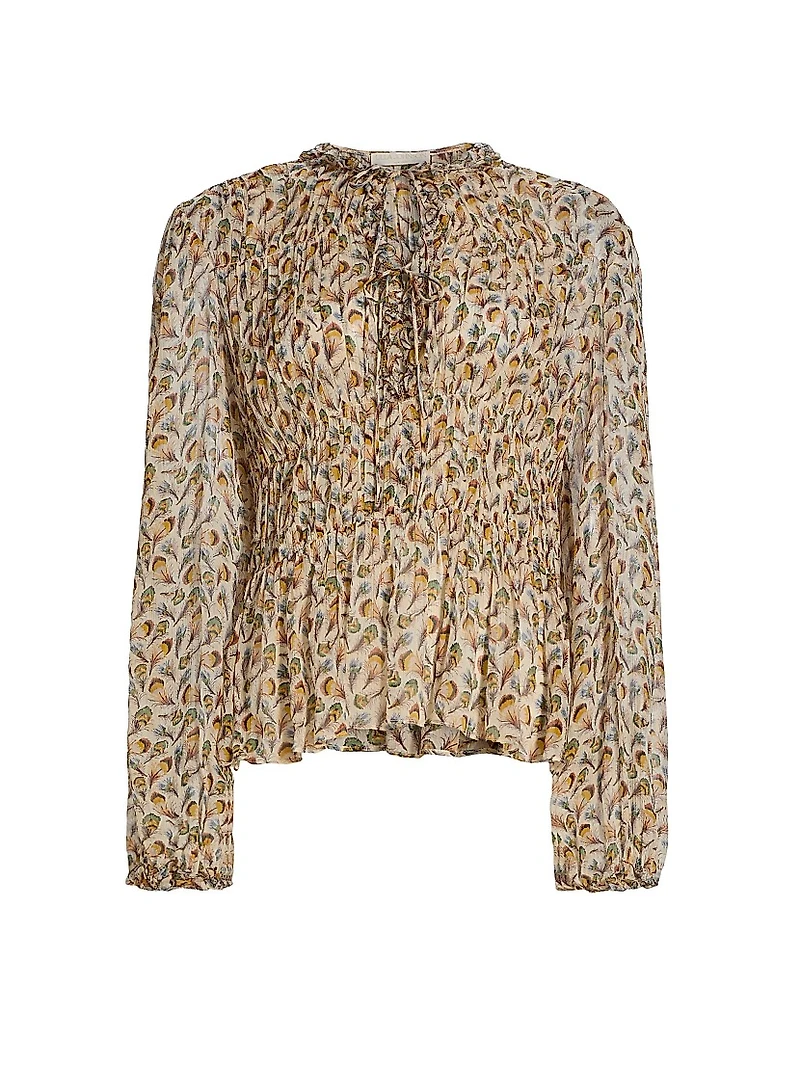 Robbie Feather-Print Silk Tie-Front Blouse