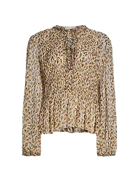 Robbie Feather-Print Silk Tie-Front Blouse