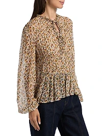 Robbie Feather-Print Silk Tie-Front Blouse