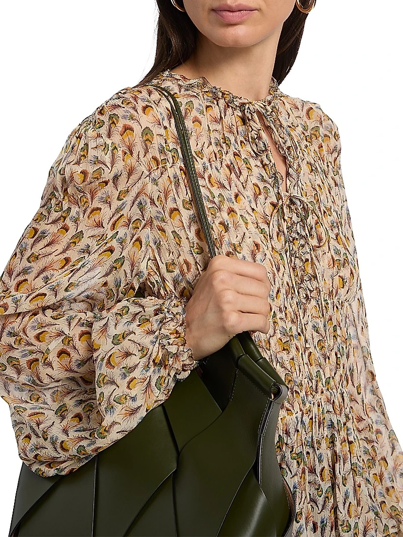 Robbie Feather-Print Silk Tie-Front Blouse