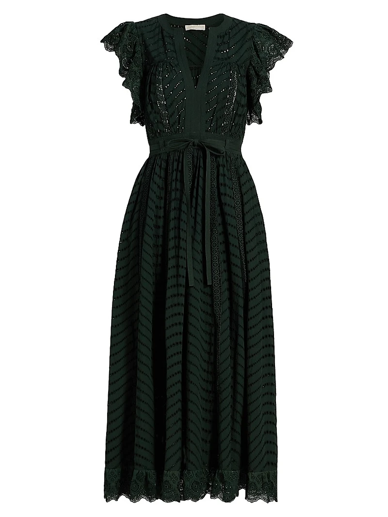 Olga Embroidered Cotton Flutter-Sleeve Midi-Dress