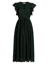 Olga Embroidered Cotton Flutter-Sleeve Midi-Dress
