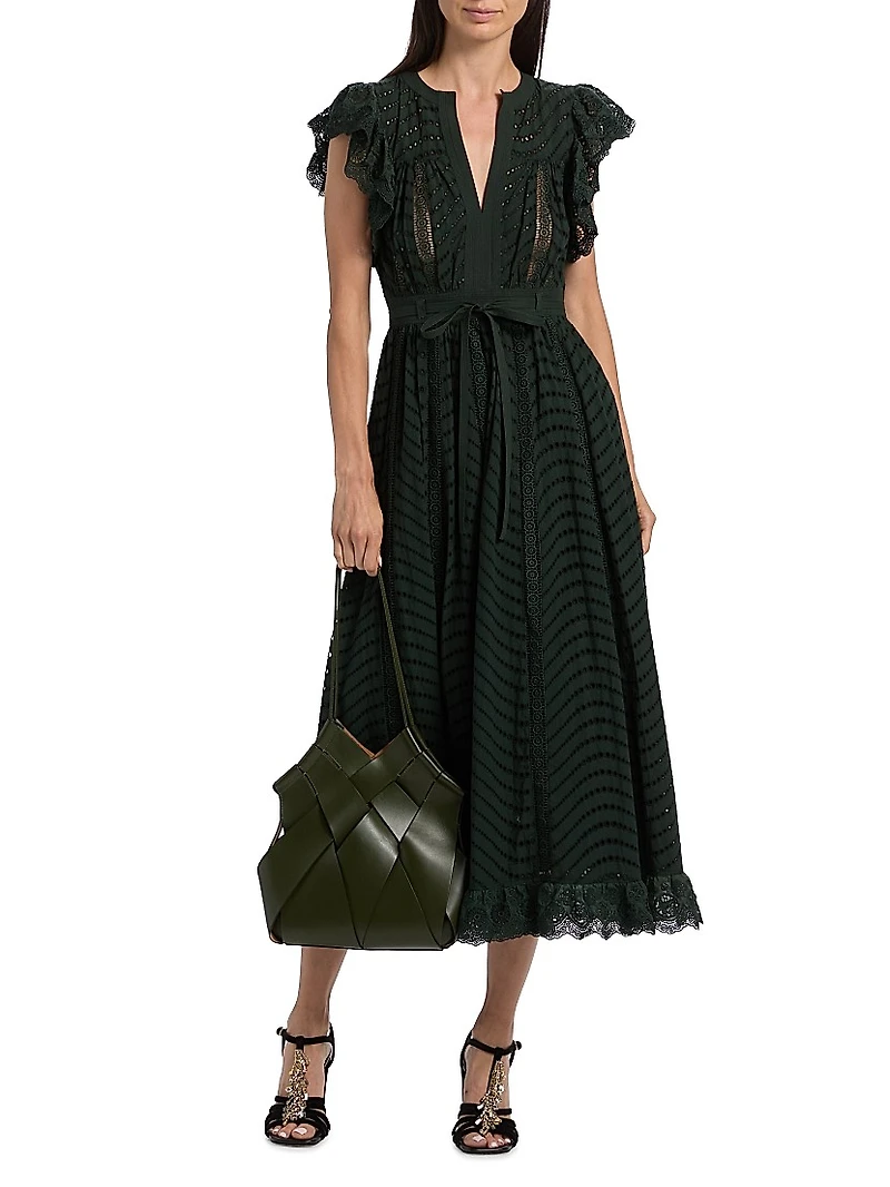 Olga Embroidered Cotton Flutter-Sleeve Midi-Dress