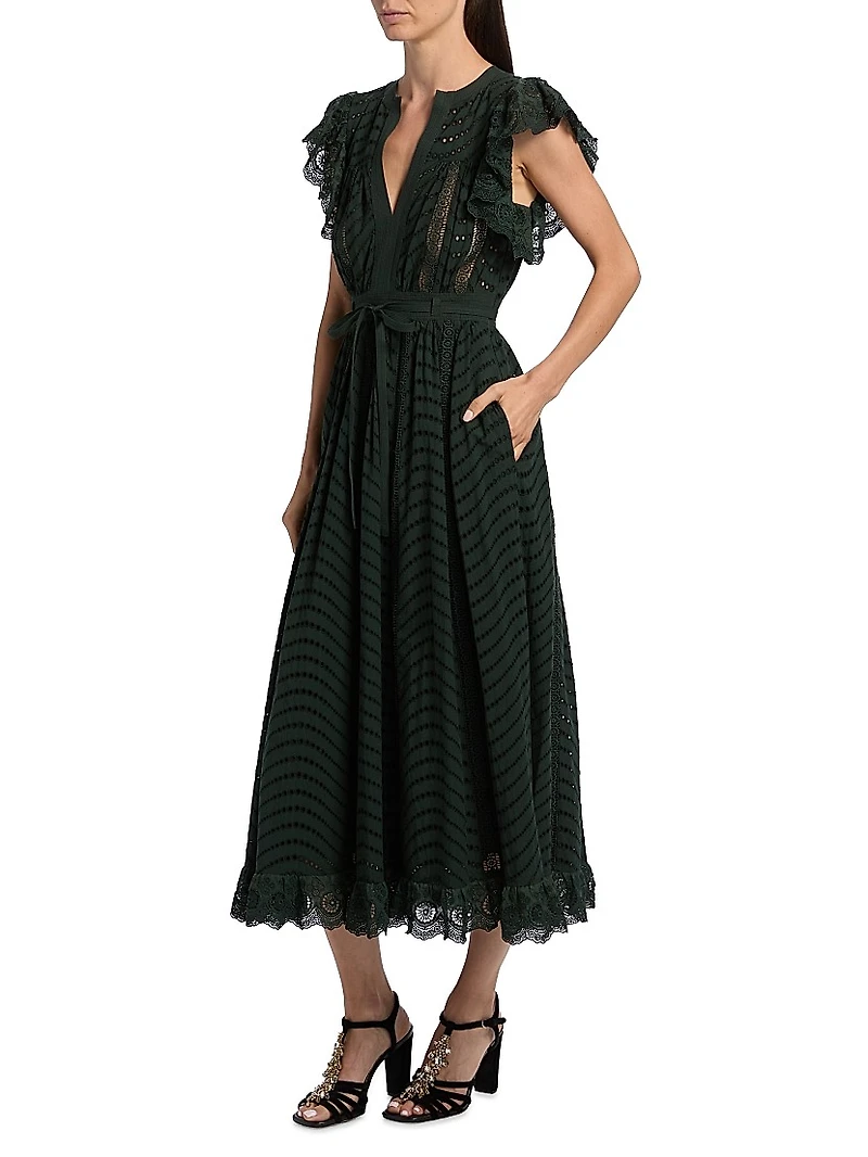 Olga Embroidered Cotton Flutter-Sleeve Midi-Dress