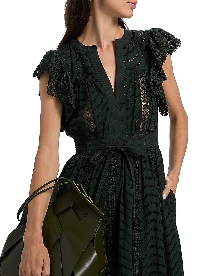 Olga Embroidered Cotton Flutter-Sleeve Midi-Dress