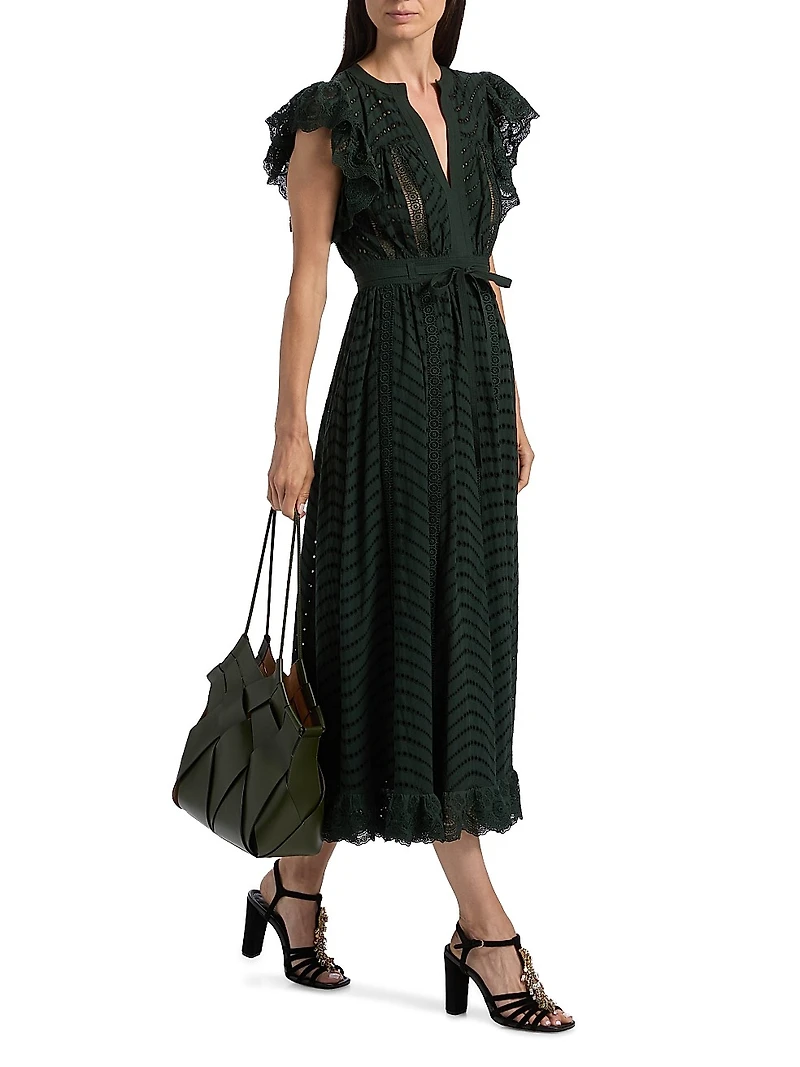 Olga Embroidered Cotton Flutter-Sleeve Midi-Dress