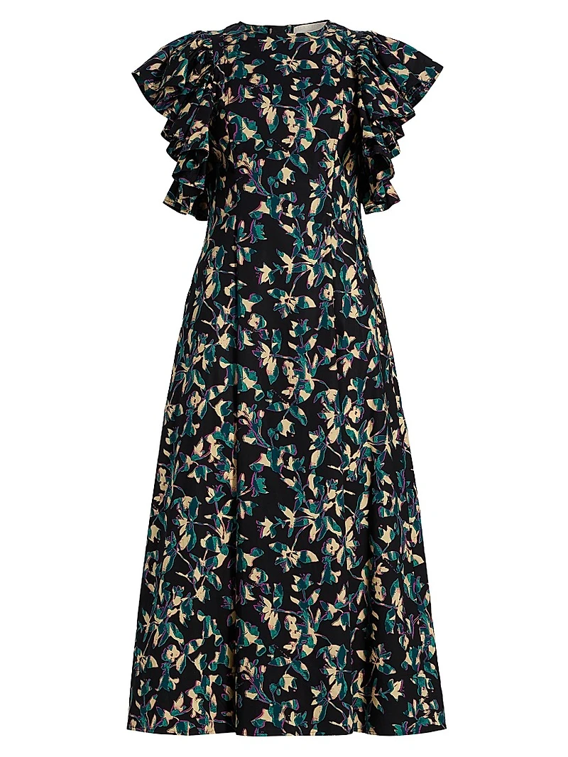 Imara Floral Cotton Flutter-Sleeve Midi-Dress