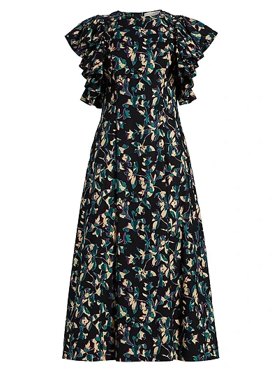 Imara Floral Cotton Flutter-Sleeve Midi-Dress