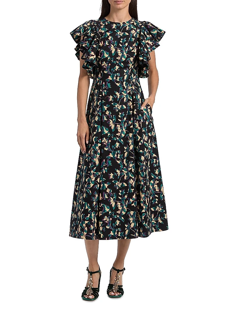 Imara Floral Cotton Flutter-Sleeve Midi-Dress
