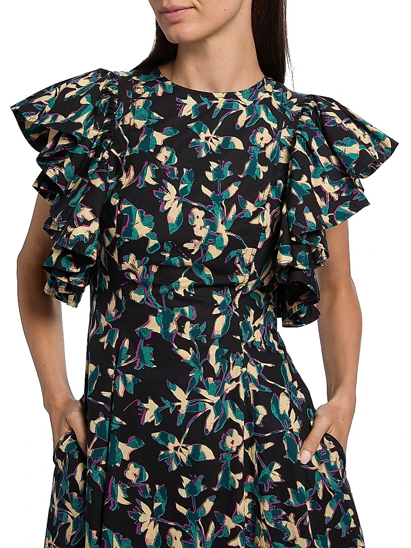Imara Floral Cotton Flutter-Sleeve Midi-Dress