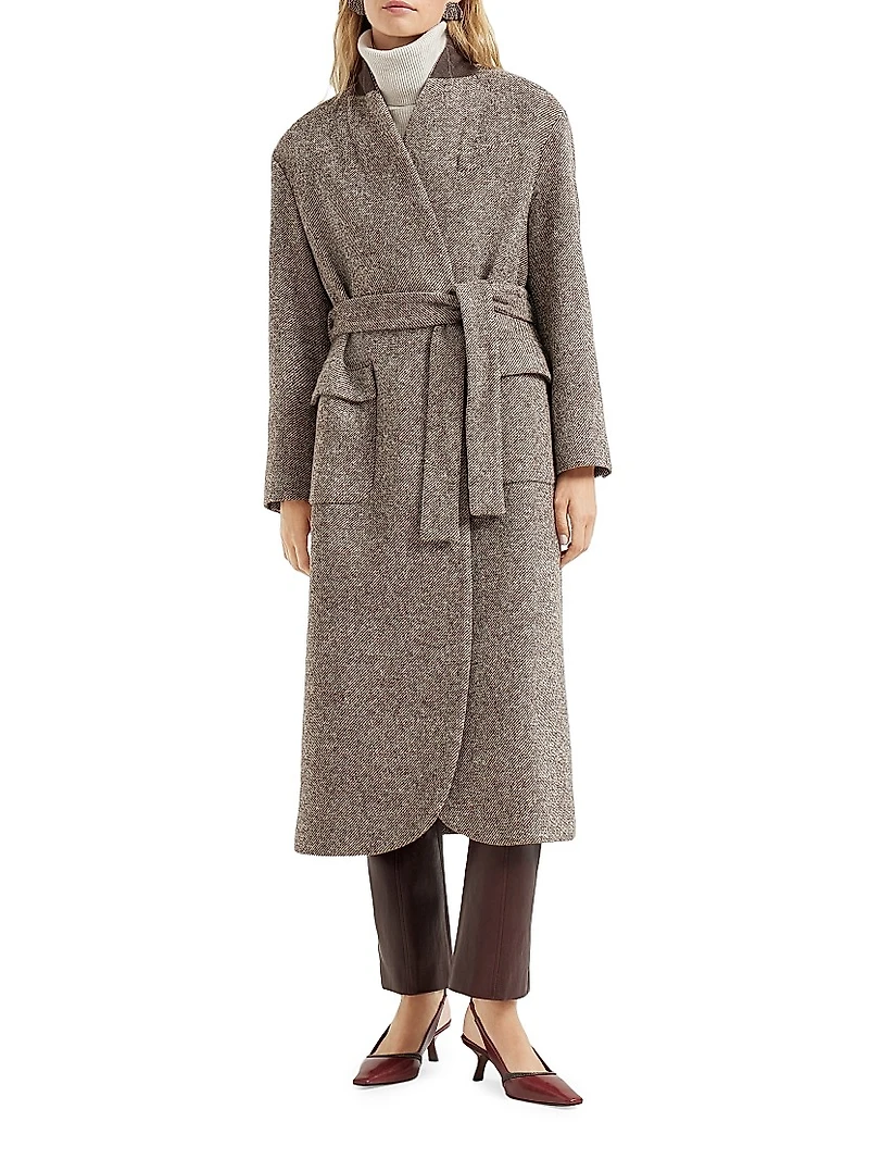 Virgin Wool and Silk Mélange Diagonal Belted Coat